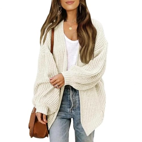 FULUJIDI Strickjacke Pullover Cardigan Damen Laterne Langarm Pullover Vorne Offen Einfarbig Mittellang Strick Mantel Streetwear S Beige von FULUJIDI