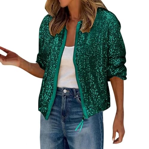 FULUJIDI Strickjacke Pullover Cardigan Damen Mantel Glitzernde Pailletten Rundhals-Reiß Verschluss Langarm Strickjacke Mit Kurzer Art Loose Club Performance Stage Party Jacke S Grün von FULUJIDI