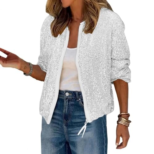 FULUJIDI Strickjacke Pullover Cardigan Damen Mantel Glitzernde Pailletten Rundhals-Reiß Verschluss Langarm-Strickjacke Mit Kurzer Art Loose Club Performance Stage Party Jacke XL Weiß von FULUJIDI