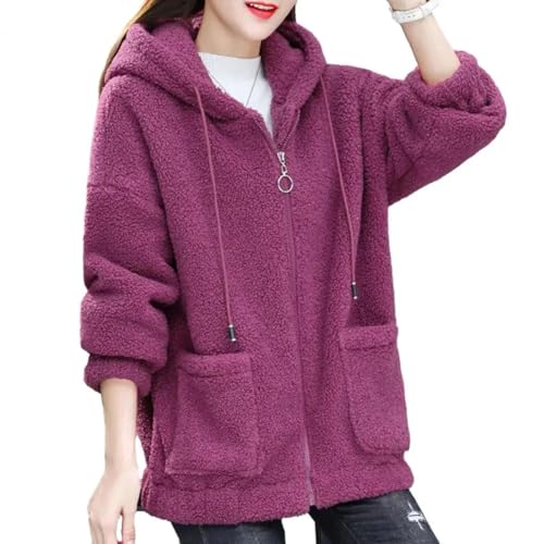 FULUJIDI Strickjacke Pullover Cardigan Damen-Mantel Mit Kapuze Kordel Zug Mit Langen Ärmeln Reiß Verschluss Dick Plüsch Streetwear 3XL Lila von FULUJIDI