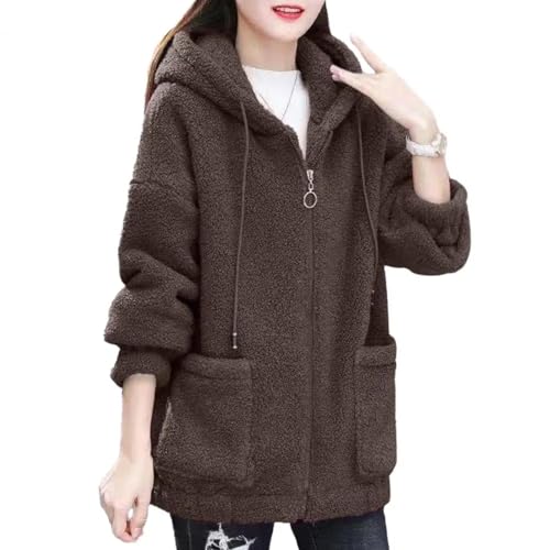 FULUJIDI Strickjacke Pullover Cardigan Damen-Mantel Mit Kapuze Kordel Zug Mit Langen Ärmeln Taschen Mit Reiß Verschluss Dickes Plüsch-Outfit Streetwear 2XL Kaffee von FULUJIDI