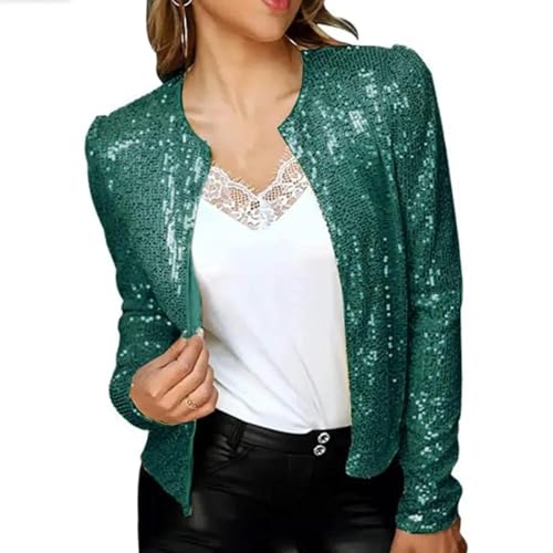 FULUJIDI Strickjacke Pullover Cardigan Damen Mantel Pailletten Langarm Slim Fit Damen Jacke Glänzend Glitter Elegant Jacke Outwear Streetwear L Atro Virens von FULUJIDI