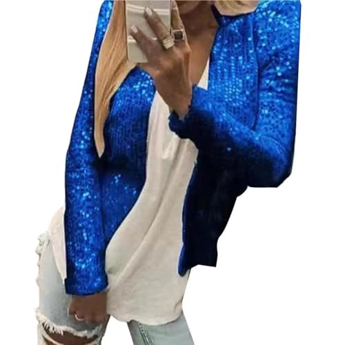 FULUJIDI Strickjacke Pullover Cardigan Damen Mantel Pailletten Langarm Slim Fit Damen Jacke Glänzend Glitter Elegant Jacke Outwear Streetwear XL Royal Blue von FULUJIDI