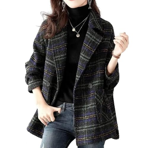 FULUJIDI Strickjacke Pullover Cardigan Damen Mantel Umtauch Kragen Dicken Mantel Langarm Retro Strickjacke Lose Mittellange Karo-Print Damen Jacke 4XL Schwarz von FULUJIDI