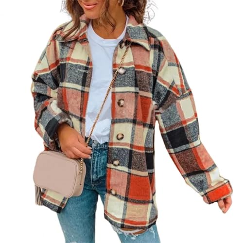 FULUJIDI Strickjacke Pullover Cardigan Damen-Plaid-Print-Shirt-Mantel Mit Langen Ärmeln Einreihig Lässig Lockere Bluse-Jacke Streetwear 3XL Orange von FULUJIDI