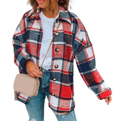 FULUJIDI Strickjacke Pullover Cardigan Damen-Plaid-Print-Shirt-Mantel Mit Langen Ärmeln Einreihige Lockere Bluse-Jacke Streetwear 2XL Rot von FULUJIDI