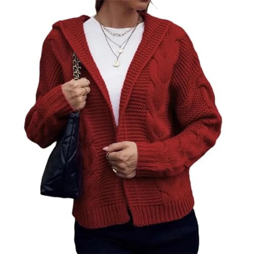 FULUJIDI Strickjacke Pullover Cardigan Damen Pullover Klobige Strick Jacke Mit Kapuze Gemütliche Stilvolle Elegante Lange Ärmel Oberbekleidung XL Rot von FULUJIDI