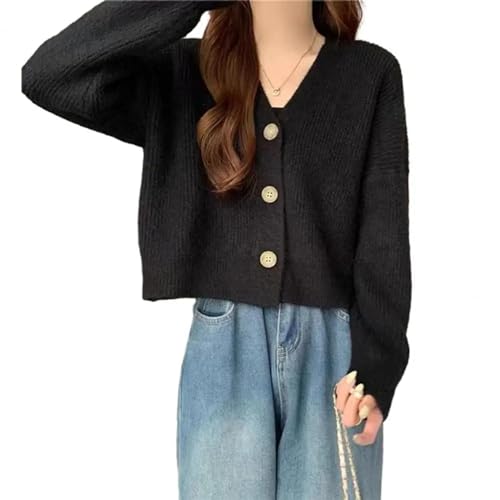 FULUJIDI Strickjacke Pullover Cardigan Damen Strick Pullover Mantel Langarm Einreiher Lose Fit Stricken Outwear Streetwear One Size Schwarz von FULUJIDI