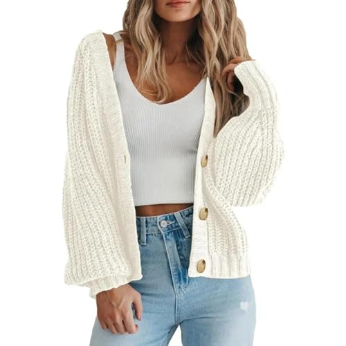 FULUJIDI Strickjacke Pullover Cardigan Damen Strick Pullover Vorne Geöffneter Pullover Knopf Verschluss Einfarbig Lose Kurze Oberbekleidung Mantel Damen S White von FULUJIDI