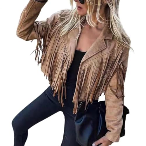 FULUJIDI Strickjacke Pullover Cardigan Damen Vintage Revers Langarm Fringe Kurz Geschnittene Motor Biker Cardigan Outwears Quaste Jacke M Braun von FULUJIDI