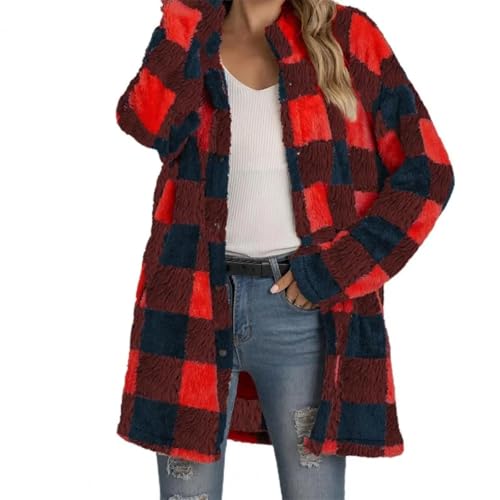 FULUJIDI Strickjacke Pullover Cardigan Damen Warme Karo Lange Jacke Strickjacke Trenchcoat Damen Tartan Scheck Jacke 2XL Rot von FULUJIDI