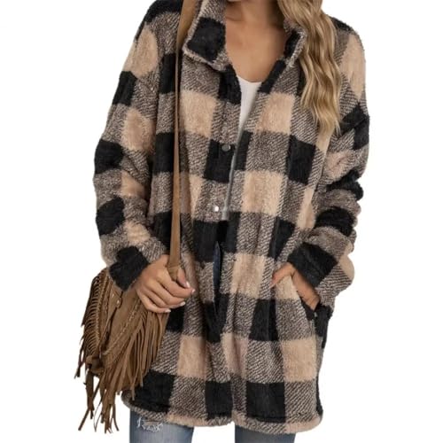 FULUJIDI Strickjacke Pullover Cardigan Damen Warme Karo Lange Jacke Strickjacke Trenchcoat Damen Tartan Scheck Jacke M Khaki von FULUJIDI