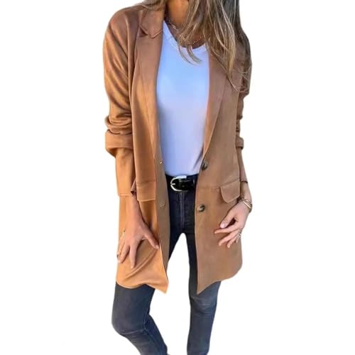 FULUJIDI Strickjacke Pullover Cardigan Einreihige Strickjacke Styli Scher Mittellanger Mantel Mit Umklapp Kragen Gefälschte Tasche Detail Lierung Damen Für Kalt-XL Braun von FULUJIDI