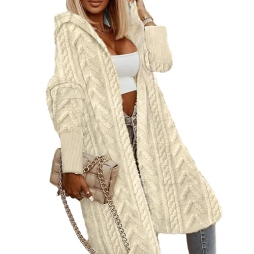 FULUJIDI Strickjacke Pullover Cardigan Frauen Lange Strickjacke Mit Kapuze Jacquard Textur Knielang Strickjacke Lose Kleidung M Beige von FULUJIDI