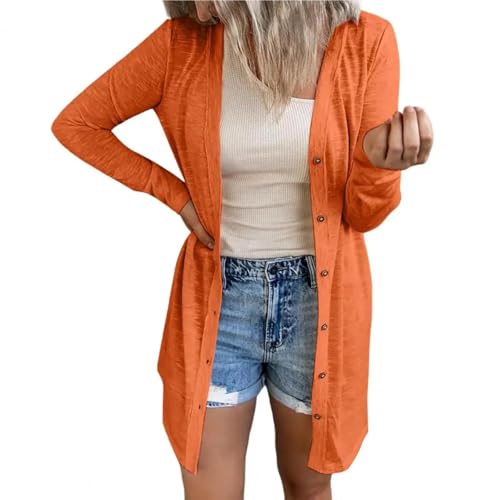 FULUJIDI Strickjacke Pullover Cardigan Frauen Mantel Locker Einfarbig Lange Ärmel Dünn Weich Einfarbig Lässig Damen Jacke Kleidung XXL Orange von FULUJIDI