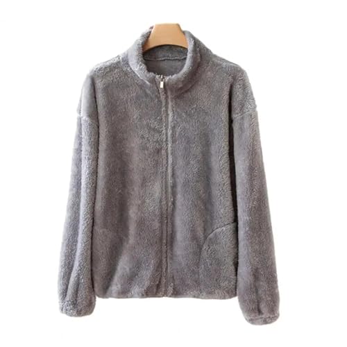 FULUJIDI Strickjacke Pullover Cardigan Frauen Mantel Stand Kragen Hals Schutz Gemütliche Damen Mantel Weich Plüsch Dick Langarm Reiß Verschluss Damen Jacke L Grau von FULUJIDI