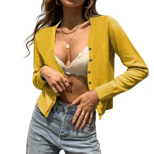 FULUJIDI Strickjacke Pullover Cardigan Frauen Strickjacke V-Ausschnitt Knopf Verschluss Damen Weich Warm Damen Strickjacke Pullover Jacke S Gelb von FULUJIDI