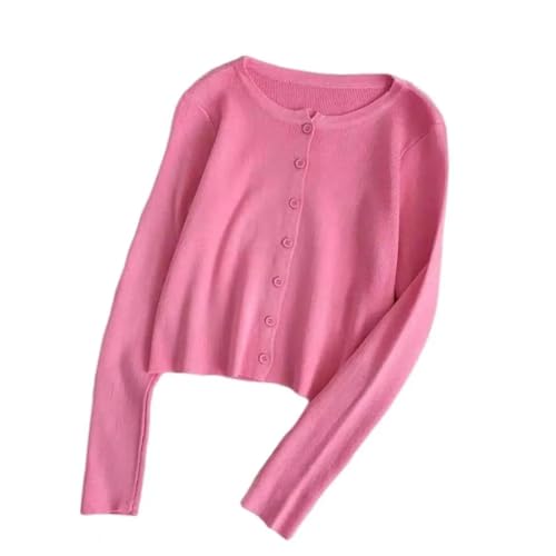 FULUJIDI Strickjacke Pullover Cardigan Kurz Strick Pullover Mit O-Ausschnitt Für Damen Lang Ärmel Iger Sonnenschutz Mit Offenem Front Knopf Crop-Top-Pullover Hemd Eine Größe Rosa von FULUJIDI