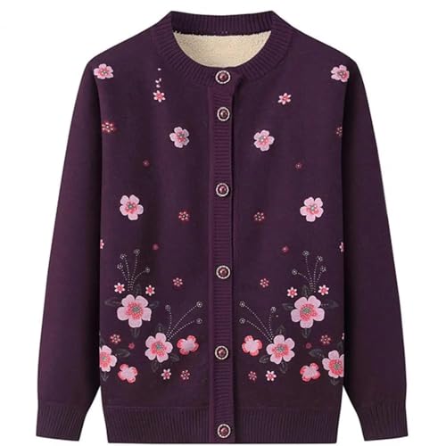 FULUJIDI Strickjacke Pullover Cardigan Pullover Mantel Blumen Druck Einreihige Knöpfe Elastisch Halten Warm Mantel Damen Bekleidung 3XL Lila von FULUJIDI