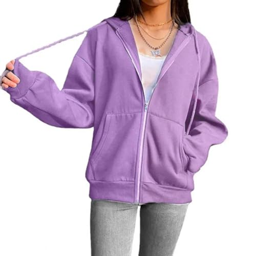 FULUJIDI Strickjacke Pullover Cardigan Sweatshirt Hoodie Übergroße Kapuzen-Sweatshirts Frauen Kleidung Solide Reiß Verschluss Hoodies Frauen Tops Lange Ärmel M Lila von FULUJIDI