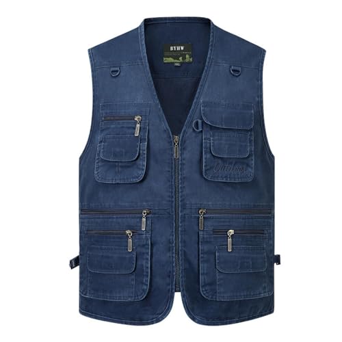 FULUJIDI Weste Vest Herren Jeansweste Mittleren Alters Aus Baumwollpolyester Mit Großen Taschen Angel- Und Bergsteigerweste XXL (65–75 Kg) Blau von FULUJIDI