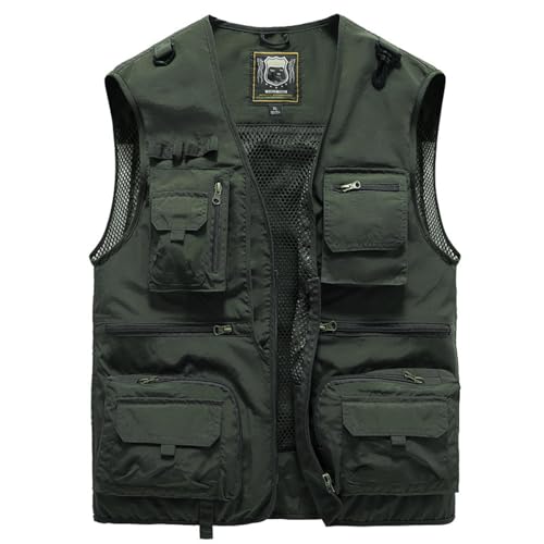 FULUJIDI Weste Vest Herren Outdoor Arbeitsweste Mit Mehreren Taschen Camisole Dünne Weste Zum Angeln Fotografie Jacke XXL Armeegrün von FULUJIDI