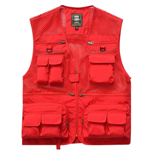 FULUJIDI Weste Vest Outdoor-Fotografieweste Mit Mehreren Taschen Für Herren Netzstoff Atmungsaktiv Schnelltrocknend Angelweste XXL Rot von FULUJIDI