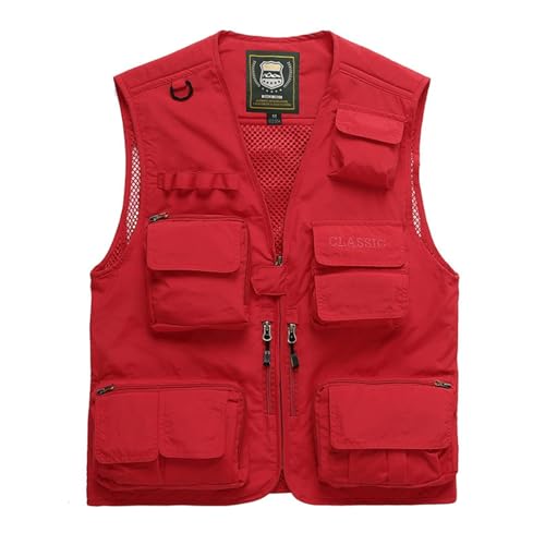 FULUJIDI Weste Vest Schnelltrocknende Weste Mit Mesh Und Mehreren Taschen Zum Angeln Übergroße Herrenweste 6XL Rot von FULUJIDI