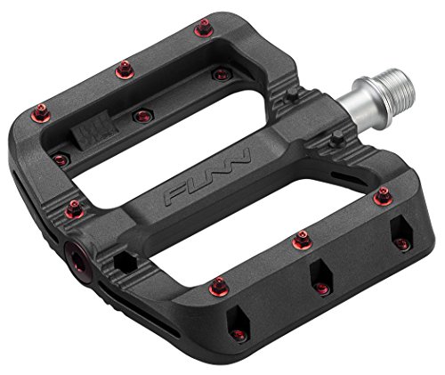 Funn Black Magic Kunststoff-Flachpedal-Set für Mountainbike - Leichte breite Plattform-Fahrradpedale für Stabilität, 9/16-Zoll CrMo-Achse Fahrradpedale für MTB/BMX/Urban/Gravel-Fahren (Rote Pins) von FUNN