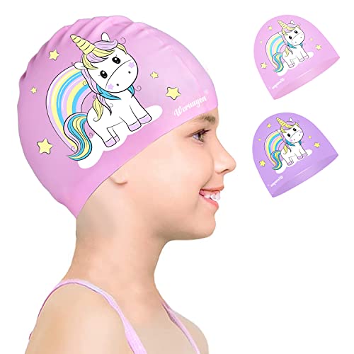 Kinder-Badekappe Silikon-Schwimmkappe für Jungen Mädchen (Alter 2-8) Ohren abdecken wasserdichte Badekappe Hält das Haar trocken Badekappe für Haare (Rosa) von FUNOWN