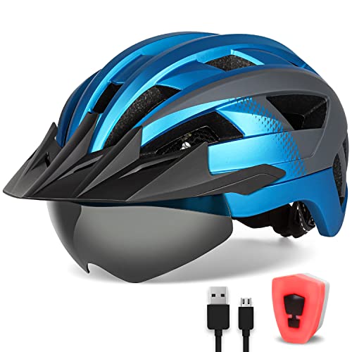FUNWICT Fahrradhelm mit Visier für Herren Damen, Leichte Fahrradhelm mit Magnetischem Brille und USB-Aufladung LED Licht, Stylisch Mountainbike Helm (M: 54-58 cm, Blau Grau) von FUNWICT