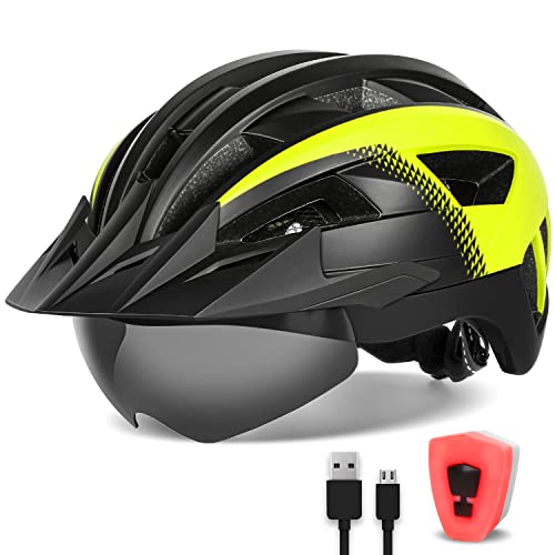 FUNWICT Fahrradhelm mit Visier für Herren Damen, Leichte Fahrradhelm mit Magnetischem Brille und USB-Aufladung LED Licht, Stylisch Mountainbike Helm Größe M/L/XL (XL: 59-63 cm, Schwarz Gelb) von FUNWICT