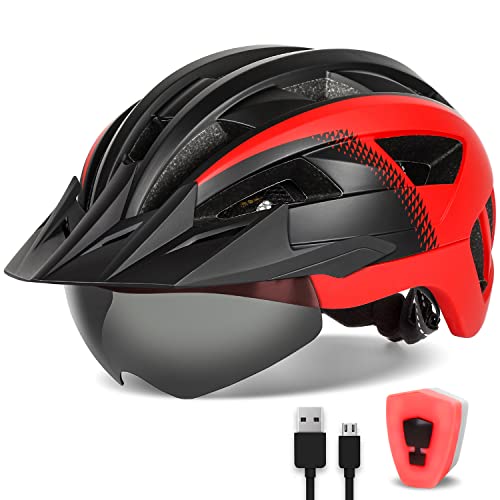 FUNWICT Fahrradhelm mit Visier für Herren Damen, Leichte Fahrradhelm mit Magnetischem Brille und USB-Aufladung LED Licht, Stylisch Mountainbike Helm Größe M/L/XL (XL: 59-63 cm, Schwarz Rot) von FUNWICT