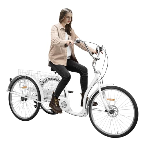 FUROMG 26 Zoll 3 Räder Dreirad für Erwachsene mit Einkaufskorb 6 Gäng Fahrrad Trike Behindertenrad mit Einkaufskorb Weiß FUROMG 26 Zoll 3 Räder Dreirad für Erwachsene mit Einkaufskorb 6 Gäng Fahrrad Trike Behindertenrad mit Einkaufskorb Weiß von FUROMG