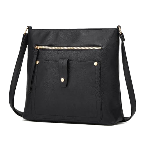 FURONGHUA Handtasche Damen Umhängetasche Damen Mittelgroß Schwarz Crossbody Bags für Frauen Veganes Leder Mode mit 4 Reißverschlussfächern Tasche Damen Umhängetaschen von FURONGHUA