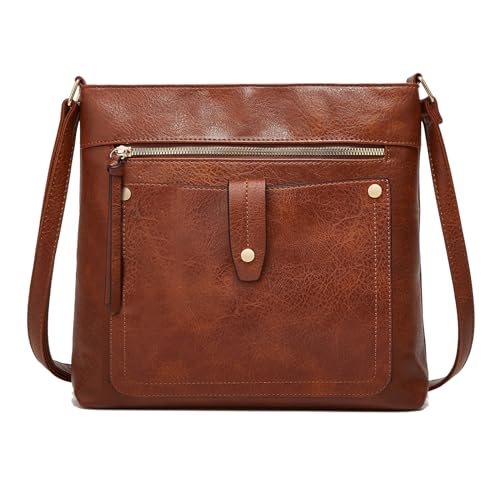 FURONGHUA Umhängetasche Damen Mittelgroß Handtasche Damen Braun Crossbody Bag für Frauen Veganes Leder Mode mit 4 Reißverschlussfächern Tasche Damen Umhängetaschen von FURONGHUA