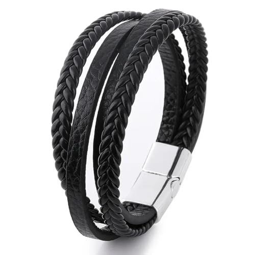 FUSHENGTER Armband Herren Armbänder Männer Armreif Mehrschichtige Herren Lederarmbänder Handgefertigt Vintage Mode Schwarz-Silberschnalle von FUSHENGTER