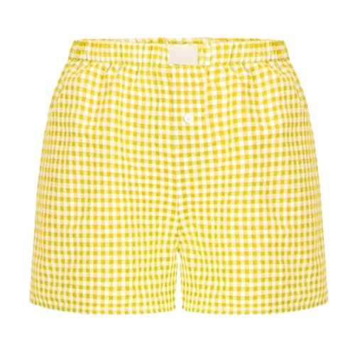 FUWKAIZS Damen-Pyjama-Shorts, süße Gingham-Schlaf-Lounge-Shorts, Karierte, Karierte Mini-Pyjama-Shorts mit Knöpfen (3X-Large,Yellow) von FUWKAIZS