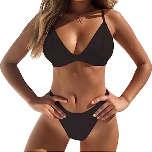 Frauen 2 Stück Set Spaghettiträger V Ausschnitt Push Up Gepolsterter Badeanzug Einfarbig Niedrige Taille High Cut Badeanzug von FUXIU