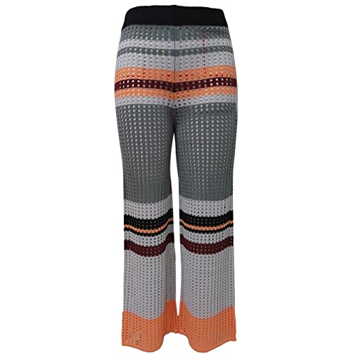 Frauen 2022 Aproms Mehrfarbige Gestreifte Gestrickte Hosen Casual Mittleren Taille Hosen Urlaub Strand Aushöhlen Tasten von FUXIU