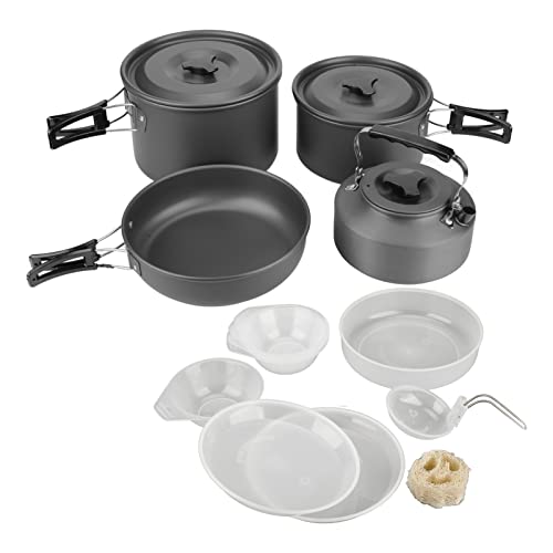 FUZHUI Camping-Kochgeschirr-Set aus Aluminiumlegierung, Töpfe, Pfannen, Schüsseln, Teller, Löffel für 4 bis 5 Personen, Outdoor-Aktivitäten, inklusive Teekanne, Bratpfanne, Untertasse, von FUZHUI