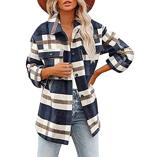 FUZUAA Damen Hemdjacke Kariertes Flanellhemd Holzfällerhemd, Oversize Bluse Knopfmantel Damen Kariertes Langarmhemd, Karierte Jacke Damen Fleecehemd (Color : Blue A, Size : XL) von FUZUAA