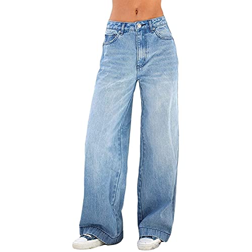 FUZUAA Damen Jeans Hose High Waist Baggy Straight Leg Einfarbig Bootcut Jeanshose Weite Bein Boyfriend Cargo Jeans Streetwear Y2K Schlaghose (Color : Blue, Size : L) von FUZUAA