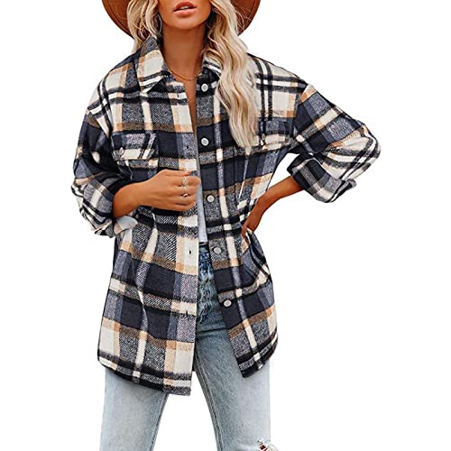 FUZUAA Damen Langarmshirt Baumwolle Kariertes Bluse Basic Hemdjacke Oversize Flanellhemd Lässig (Color : Blue B, Size : S) von FUZUAA