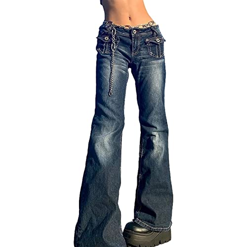 Frauen Y2k Low Waist Retro Cargo Jeans Koreanische Stitching Pocket Straight Leg Jeans 90er Streetwear Grunge Denim Pants (Color : Blue, Size : S) von FUZUAA