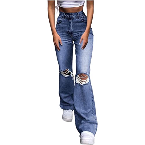 Jeans für Damen Hohe Taille All-Matching Jeans Damen Lässige Lose Hosen Zerrissene Jeans Damen Weites Bein Schlaghose Lose Hochtaillierte Jeanshose Y2k 90er Jahre Hosenhose ( Color : Blue , Size : S ) von FUZUAA