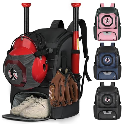 FUZVOL Baseball-Tasche für Jugendliche und Erwachsene, Baseball-Rucksack, T-Ball, Softball-Ausrüstungstasche, leicht, Baseballschläger-Tasche mit Schuhfach, Zaunhaken, Handschuh-Helmhalter, Schwarz von FUZVOL