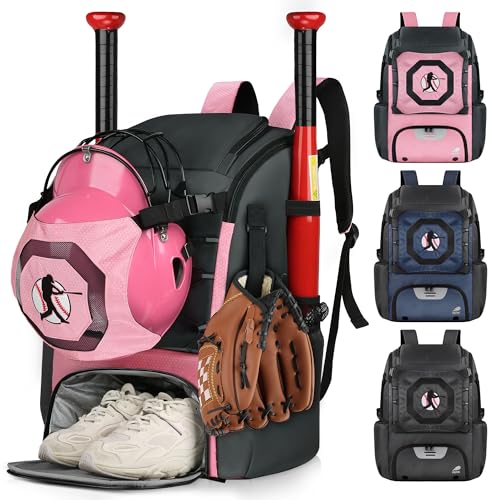 FUZVOL Baseball-Tasche für Jugendliche und Erwachsene, Baseball-Rucksack, T-Ball, Softball-Ausrüstungstasche, leicht, Baseballschläger-Tasche mit Schuhfach, Zaunhaken, Handschuh-Helmhalter, Rosa von FUZVOL