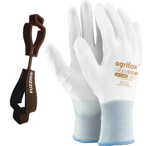 FUZZIO 24 Paar Ogrifox PU besichtet Arbeitshandschuhe Handschuh-Klammern (XL (24er Pack), Weiß) von FUZZIO