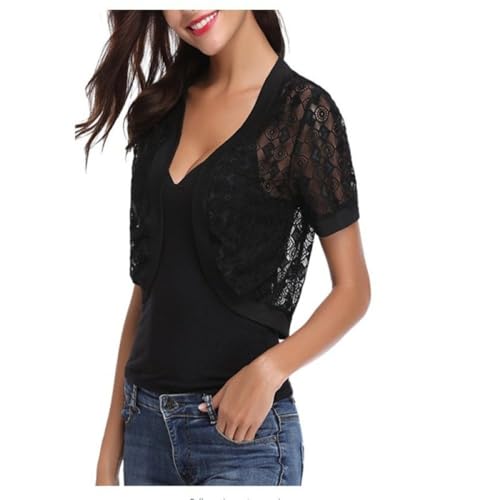 FWSHANGMAO Bolero Cardigan mit 3/4 Ärmeln für Damen Sommer Spitzen Bolero Cardigan Elegante transparente Strickjacke vorne offen Blumenjacke Häkel Crop Top für Kleider Schwarz M von FWSHANGMAO